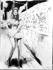 Drawing On 18”x24” Paper Girl In Cityscape Illustration Americana