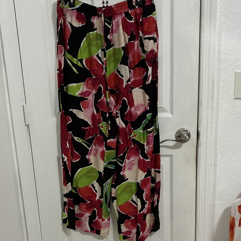 Women’s Multicolor Floral Wide-Leg Palazzo Pants L High Rise Elastic Waist
