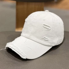 White Distressed Baseball Ball Cap Hat Dad Solid Blank, Plain Men Women Cotton