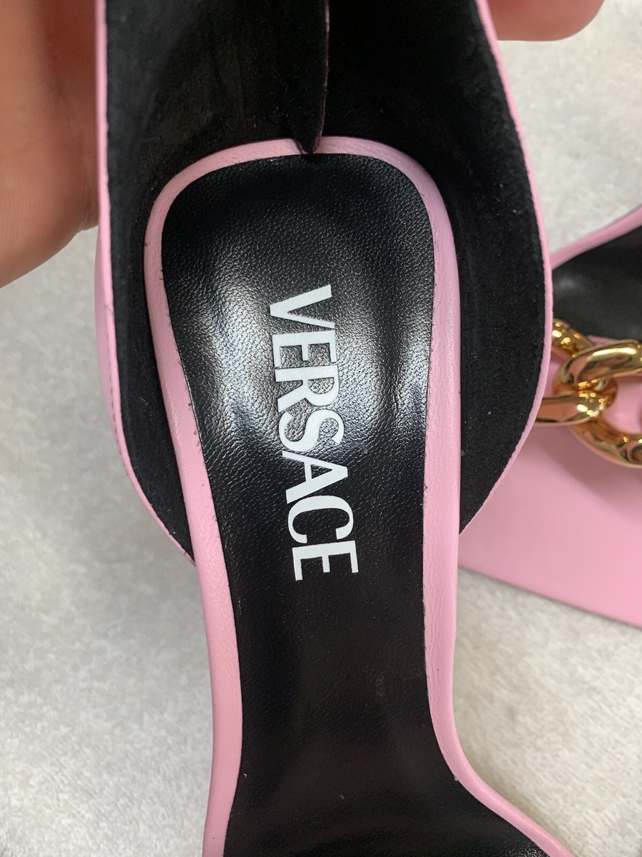Versace Pink Leather Medusa Gold Chain Sandals Heels (Size