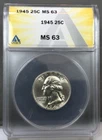 1945 U.S. 25c Washington Silver Quarter ANACS MS63