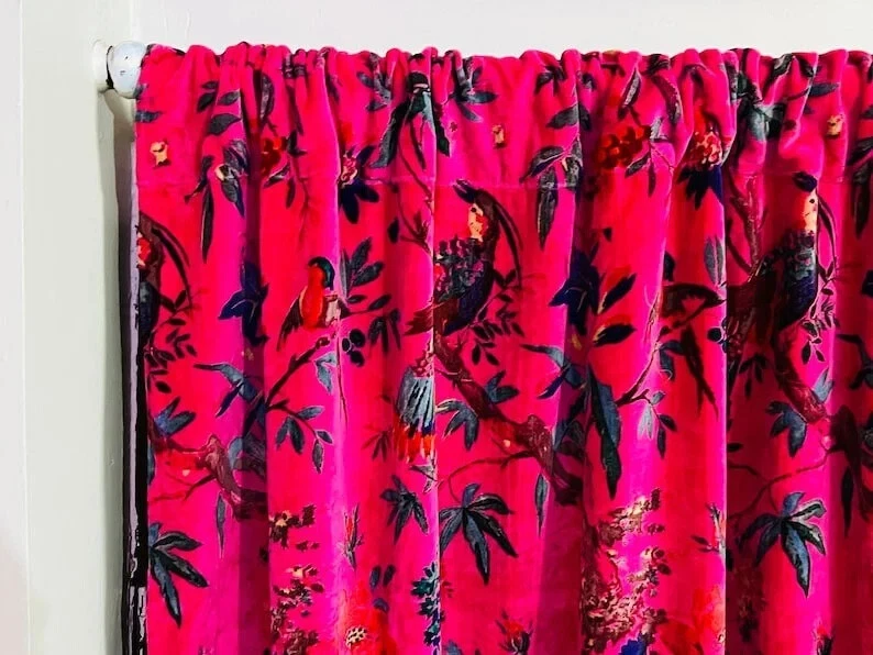 Vintage Cotton Velvet Hot Pink Bird Print Luxury Curtain, Boho Curtain Drapes - Image 3 of 4