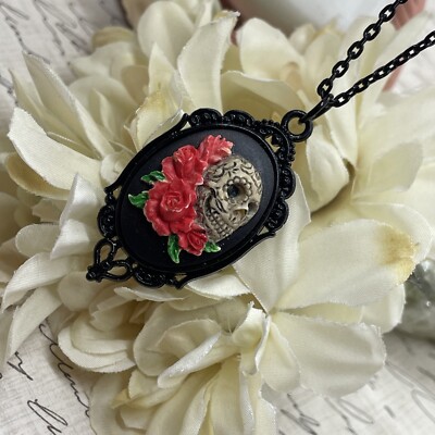 Blk Sugar Skull Gothic  Rose Heart Wedding Party Jewelry Birthday necklace Cameo