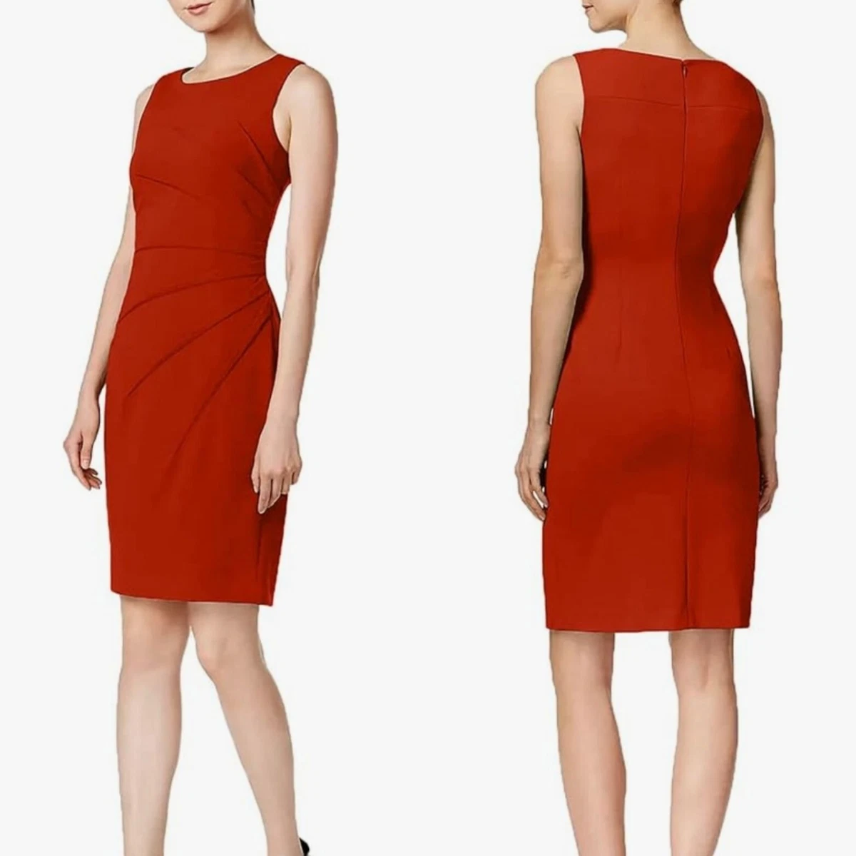 Calvin Klein Sleeveless Sheath Dress 6 Red Starburst Ruched Tea