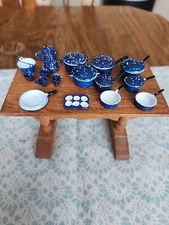 VINTAGE CONCORD MINIATURES BLUE SPATTERWARE - Coffee pot, mugs, pots, pans, etc