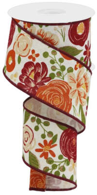 Bold Blooms on Cotton Ribbon, Rust/Burg/Grn/Ivory, Wired Ribbon, 2.5'' W X 10 Yd 