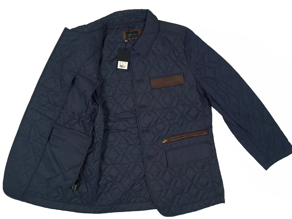 ¡NUEVA CHAQUETA $395 Bobby Jones Wesley! Detalles de bolsillo de cuero marrón marino acolchado Foto 2 de 3