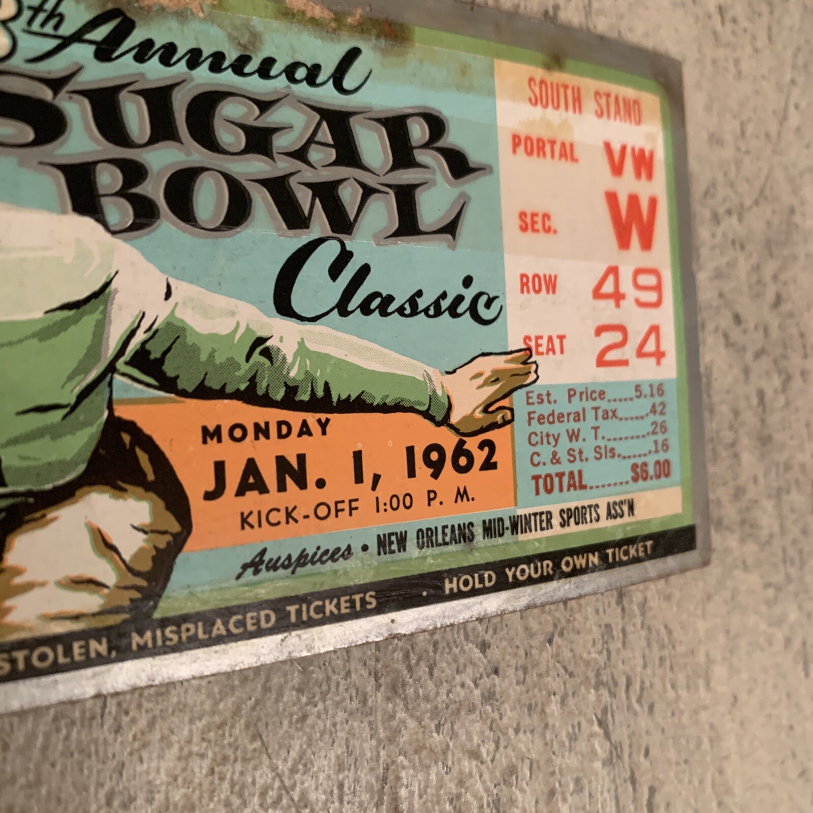 1962 Sugar Bowl Ticket Bear Bryant Gene Stallings Mal Moore Alabama Vs