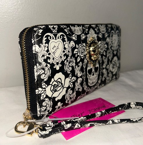 NEW! NWT BETSEY JOHNSON Skull Zip Around Wristlet Wallet XOZIPP Black/White - Picture 2 of 4
