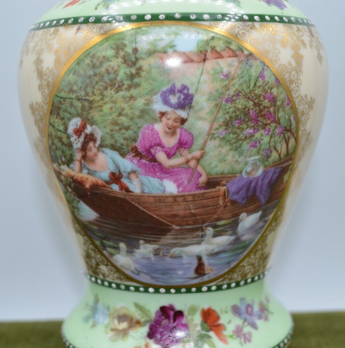 Antique Royal Vienna Porcelain Urn Vase Beehive Mark with Ladies Fishing Motif - Picture 2 of 17