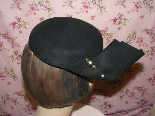 CAPPELLO VINTAGE ANNI 40 FASCINATOR NERO LANA FELTRO MACYS PICCOLI NEGOZI NEW YORK - Foto 4 di 9