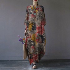 Women Vintage 90s Floral Kaftan Long Shirt Dress Summer Casual Ethnic Maxi Dress