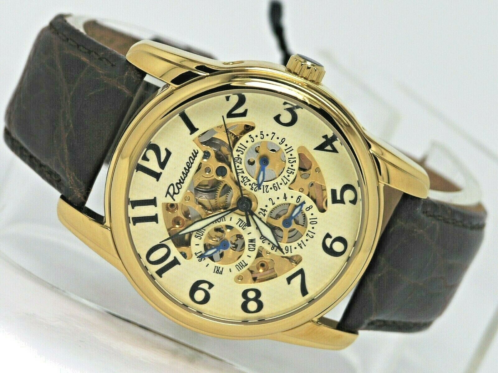 NEW ROUSSEAU PERSONNA AUTOMATIC SKELETON GOLD TONE MULTI FUNCTION WATCH