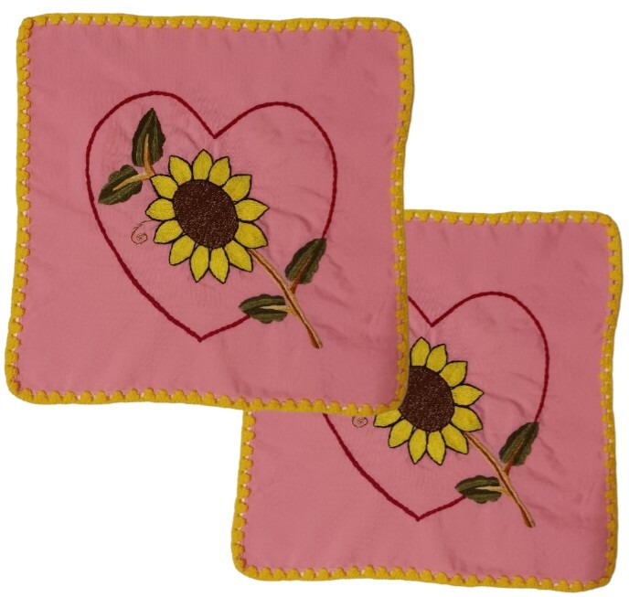 Hand Embroidered Dinner Napkin Set Of 2 Pink Heart  Mexican Tortilla Servilleta 