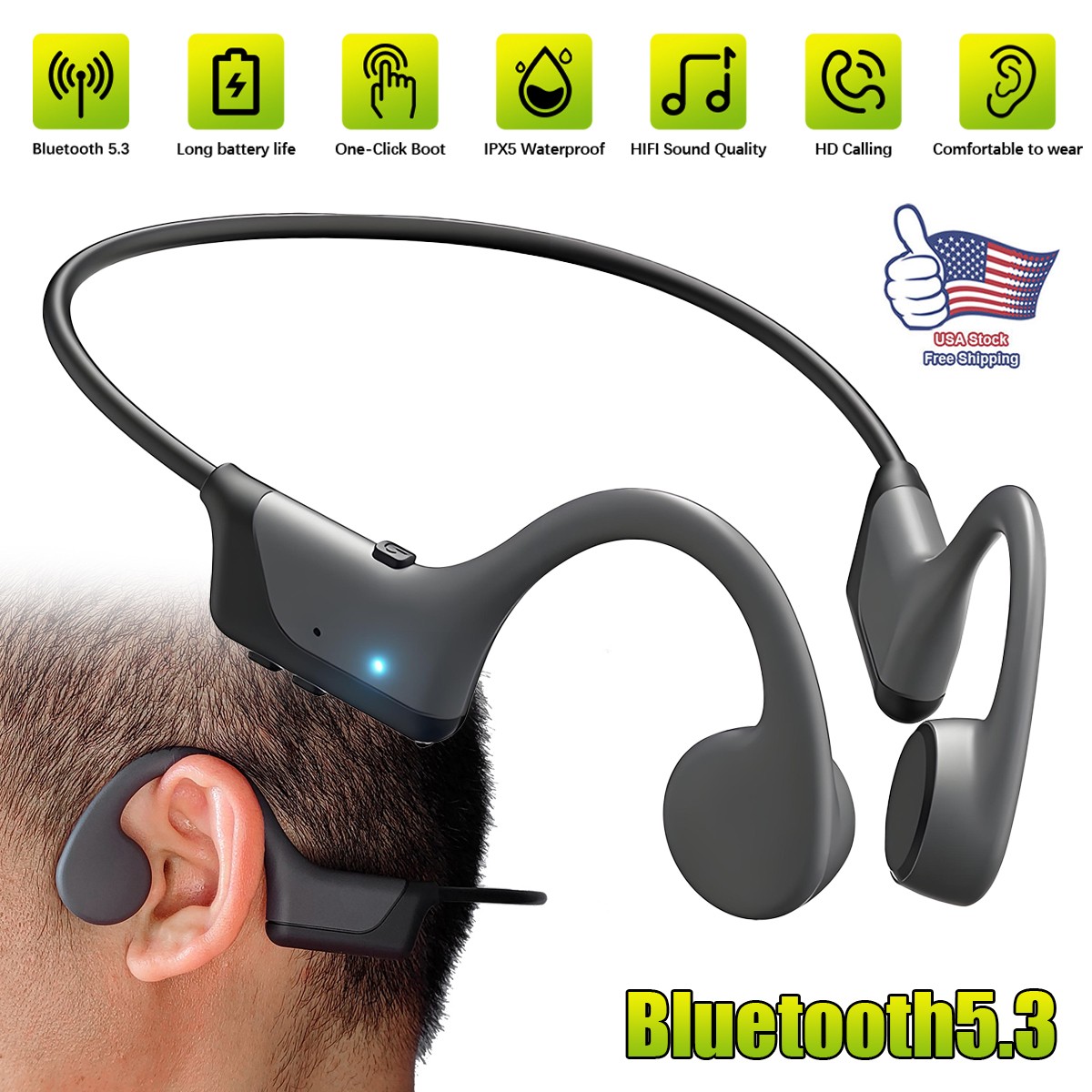 Bone Conduction Headphones Wireless Bluetooth 5.3 Earbuds Outdoor Sport Headset