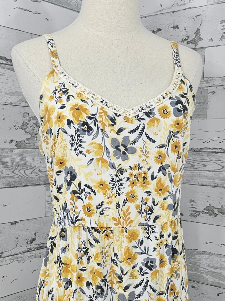 Joie Yellow Gray Floral V Neck Smocked Back Maxi Dress Tiered Skirt Womnes 8 - Image 2 of 4