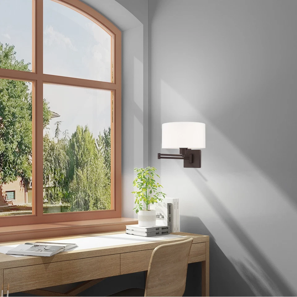 Livex Lighting 1-Light Off-White Drum Shade Swing Arm Wall Bronze 11"W x 11"H x Foto 4 de 4