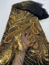 Luxury Black And Gold Sequin French Lace Bridal Mesh Fabric 5Yards