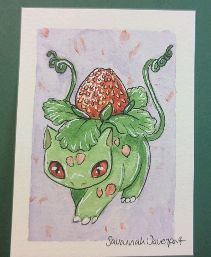ACEO Art Card PRINT Strawberry Bulbasaur Alt Design Pokemon Green Red Berry