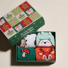 4 Pairs Women's Christmas Polar Bear, Reindeer, Hedgehog Fuzzy Socks Gift Box