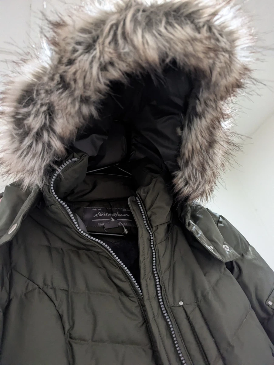 Manteau Eddie Bauer Femme XL Noir - Parka Matelassé à Capuche Avec Fausse Fourrure - Occasion Très Bon état