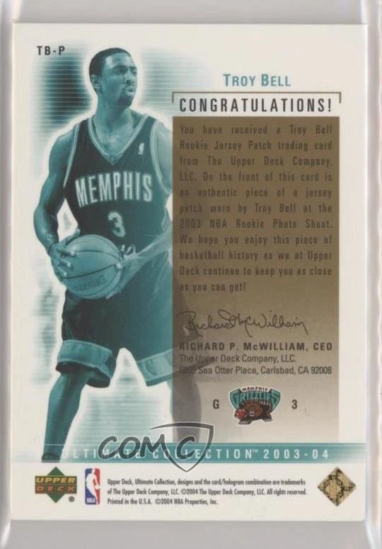 2003 Upper Deck Ultimate Collection Game Jersey /100 Troy Bell Rookie Patch RC - Image 2 of 2