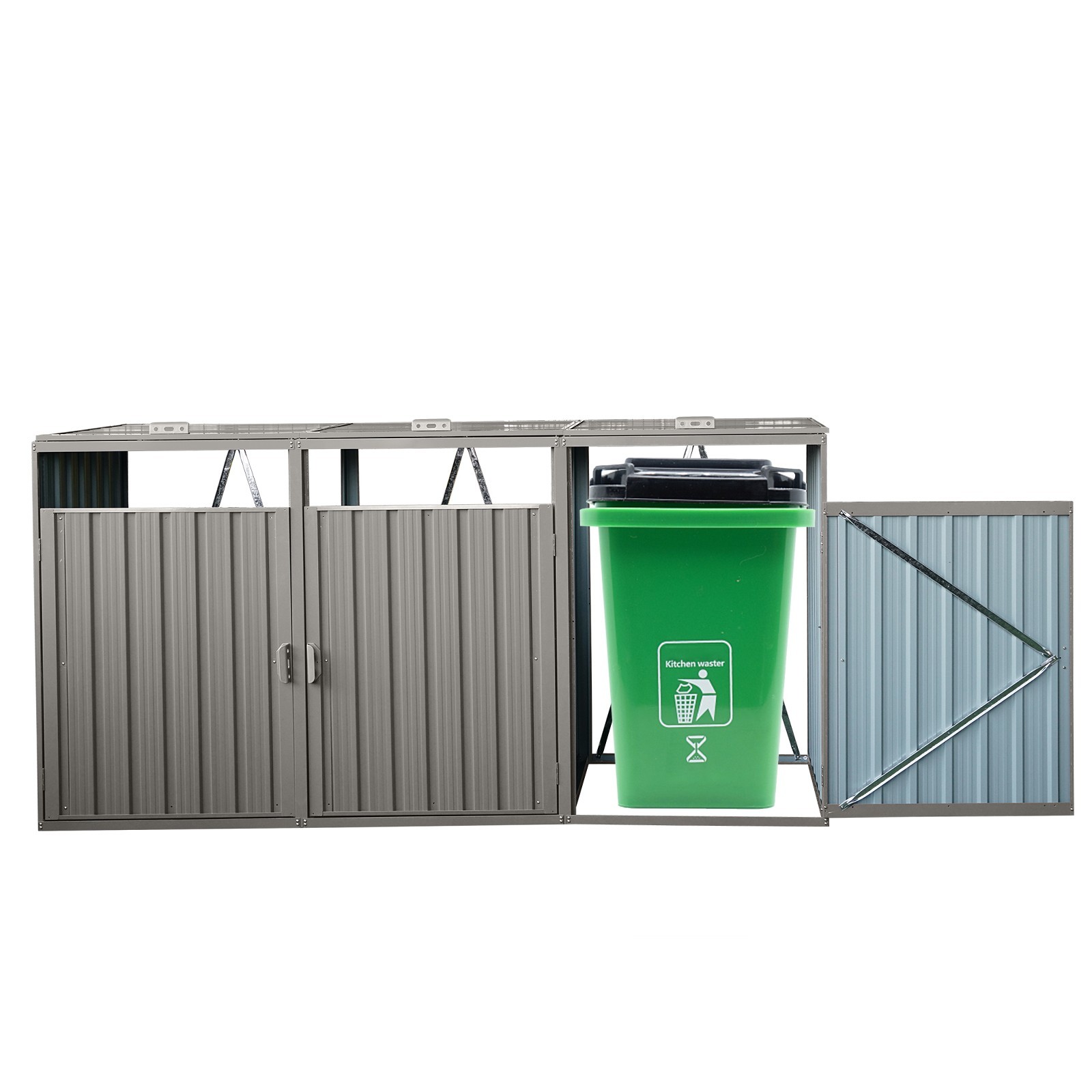 Outdoor Garbage Storage Bin Shed Stores 3 Trash Cans Metal Bin Shed for Yard