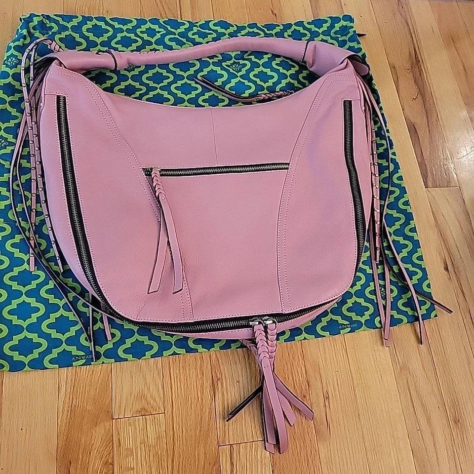 Oryany Dust Pink Leather Hobo Shoulder Bag Boho Slouchy Braided Strap Fringe - Image 4 of 4