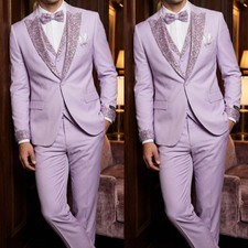 3Pcs Prom Lavender Mens Suits Sequined Peak L...