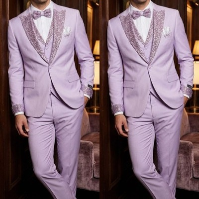 3Pcs Prom Lavender Men's Suits Sequined Peak Lapel Jacket Dinner Party Coat