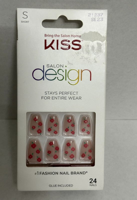 KISS Salon Design Press on Nails-Boldly Glitzy Red Flower Short Coffin, 24 Count