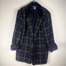 Vtg Sag Harbor Plaid Blazer Women 16 Blue Red Green Wool Blend Velvet Collar