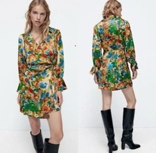 ZARA Moody Floral Bell Sleeve Satin Effect Wrap Mini Dress Size XS