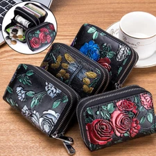 Women Leather Wallet Embossed Floral Credit Card Holder Zipper Coin Purse RFID