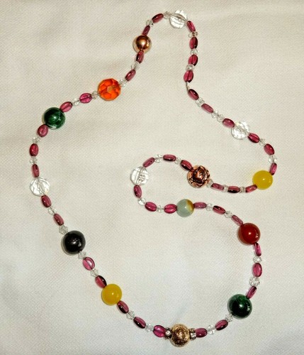 Multi-color Gemstone~12k Gold~Amethyst~Agate~Jade Beaded Necklace~27" ~Slip On - 第 1/4 張圖片