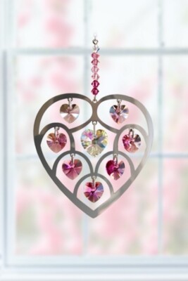 Großer TIEFER ROSE Kristall Metall Herz hängender Sonnenfänger Valentinstag verpackt Geschenk