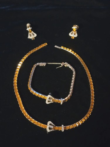 Art Deco Glass Rhinestone Flexible Gold Tone Buckle Necklace Bracelet Earrings - Picture 2 of 24