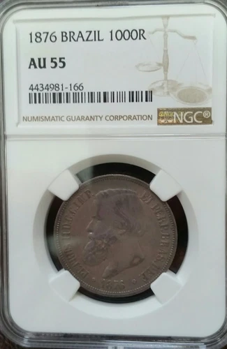 1876 Silver 1000 Reis of Brazil NGC AU 55 