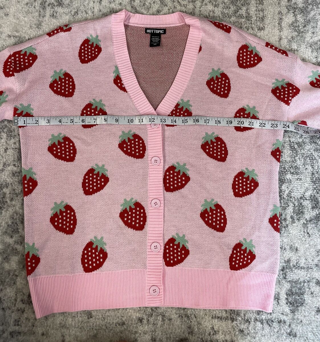 Hot Topic Strawberry Cardigan Sweater Medium Pink Red V Neck Hot Topic Strawberry Cardigan Sweater Medium Pink Red V Neck