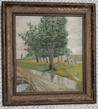 Primitive Landscape Oil Painting Dated 1919; 8"x9" board