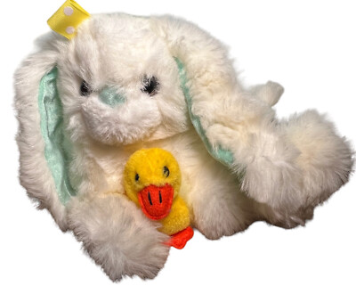Vintage Bunny Rabbit Lying On Side Holding Duck Plush 9'' White Mint Green