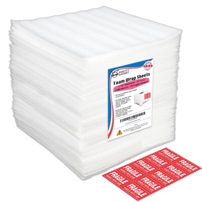 100 Wrap Foam Sheets  12''X12''x1/16'' + Free Fragile Stickers