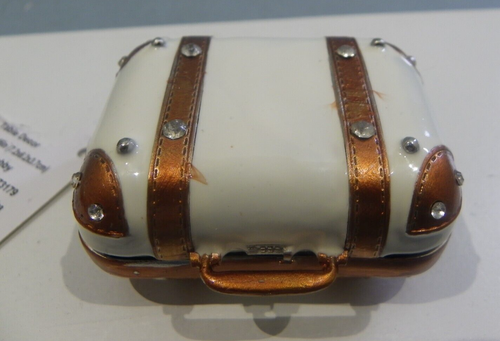Bejeweled Metal Suitcase Enameled Rhinestone Hinged MINI Trinket Box 3" Long. - Picture 2 of 7