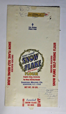 LARGE Vintage Paper Sack Bag - SNOW FLAKE FLOUR, SANFORD MILLING, HENDERSON 1977