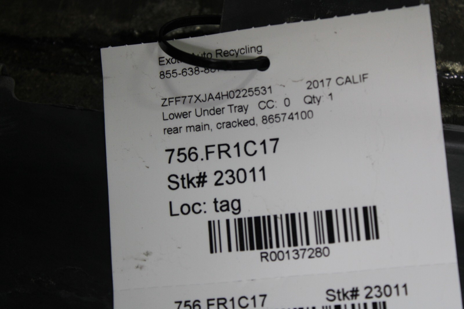 Ferrari California T, Rear Main Lower Under Tray, Cracked, Used, P/N 86574100