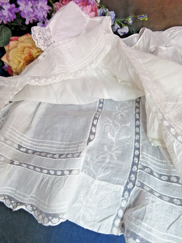 ORIGINAL 1900 Antique DOLL DRESS white Cotton EMBROIDERY lace inserts fit 24-30" - Picture 11 of 11