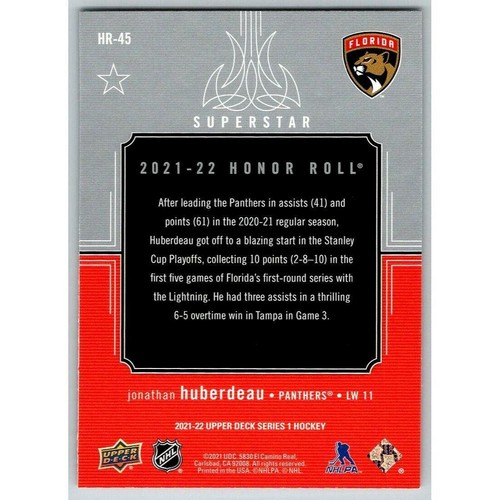 2021-22 Upper Deck Hockey Series 1 Honor Roll #HR-45 Jonathan Huberdeau Florida - Picture 2 of 2