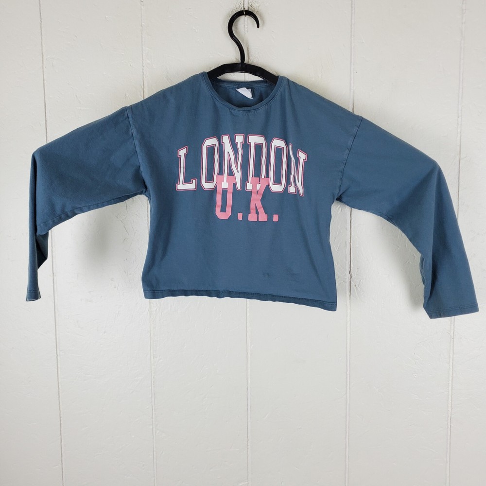 Zara Shirt Womens Size 10 Blue Graphic Crew Neck Long Sleeve Stretch Cropped