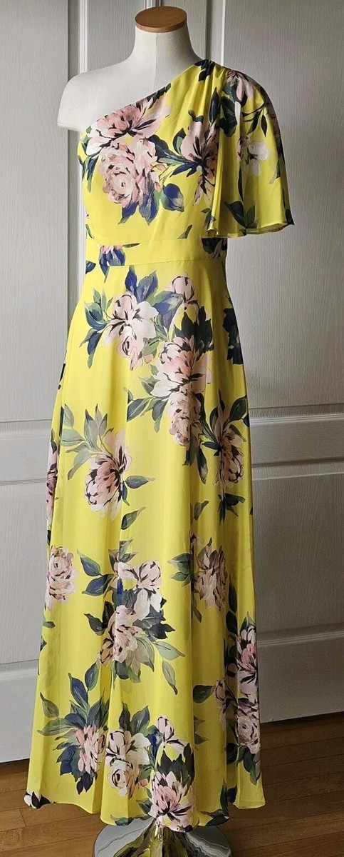 Eliza J Size 6 Yellow One Shoulder Floral Print Chiffon Maxi