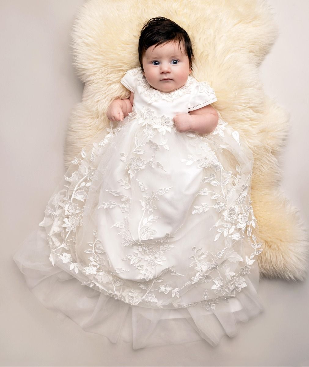 Baby Girls Off-White Floral Lace Christening Gown- Infant Baptism